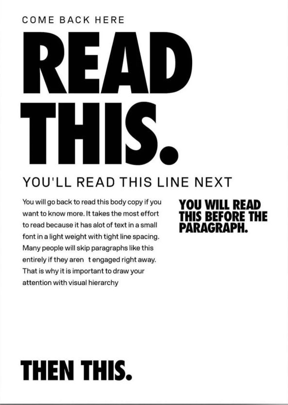 A layout demonstrating visual hierarchy: large headline "READ THIS." followed by decreasing text sizes guiding the eye through the page.