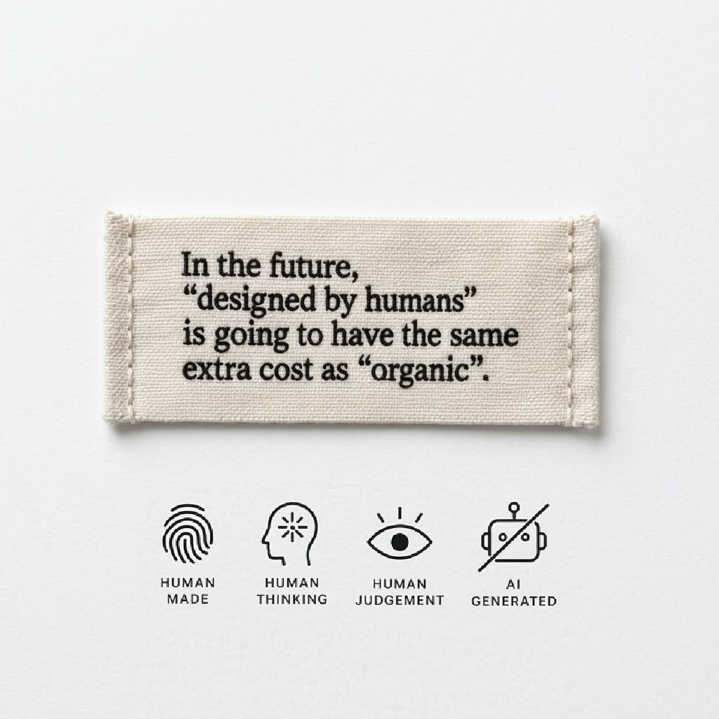 An embroidered fabric label reading "In the future, ‘designed by humans’ is going to have the same extra cost as ‘organic’", above four line icons labelled human made, human thinking, human judgement, and AI generated crossed out.