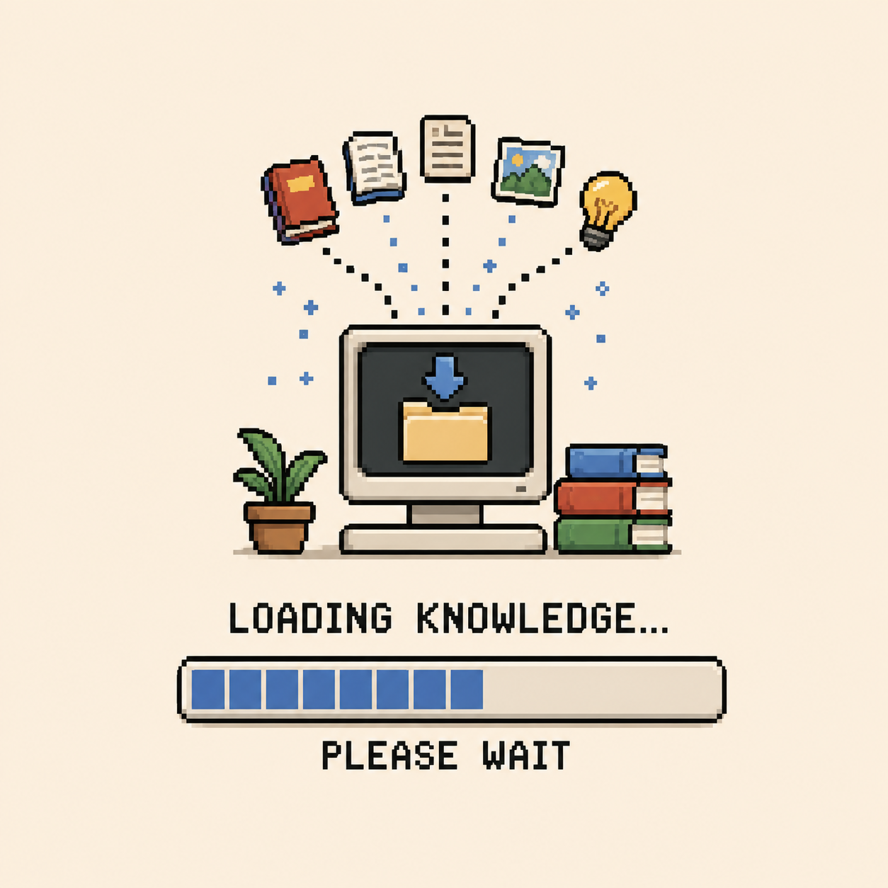 A pixel-art illustration of a desktop computer downloading a folder icon, with a book, notebook, document, photo, and lightbulb feeding into it above a progress bar reading "Loading knowledge... please wait."