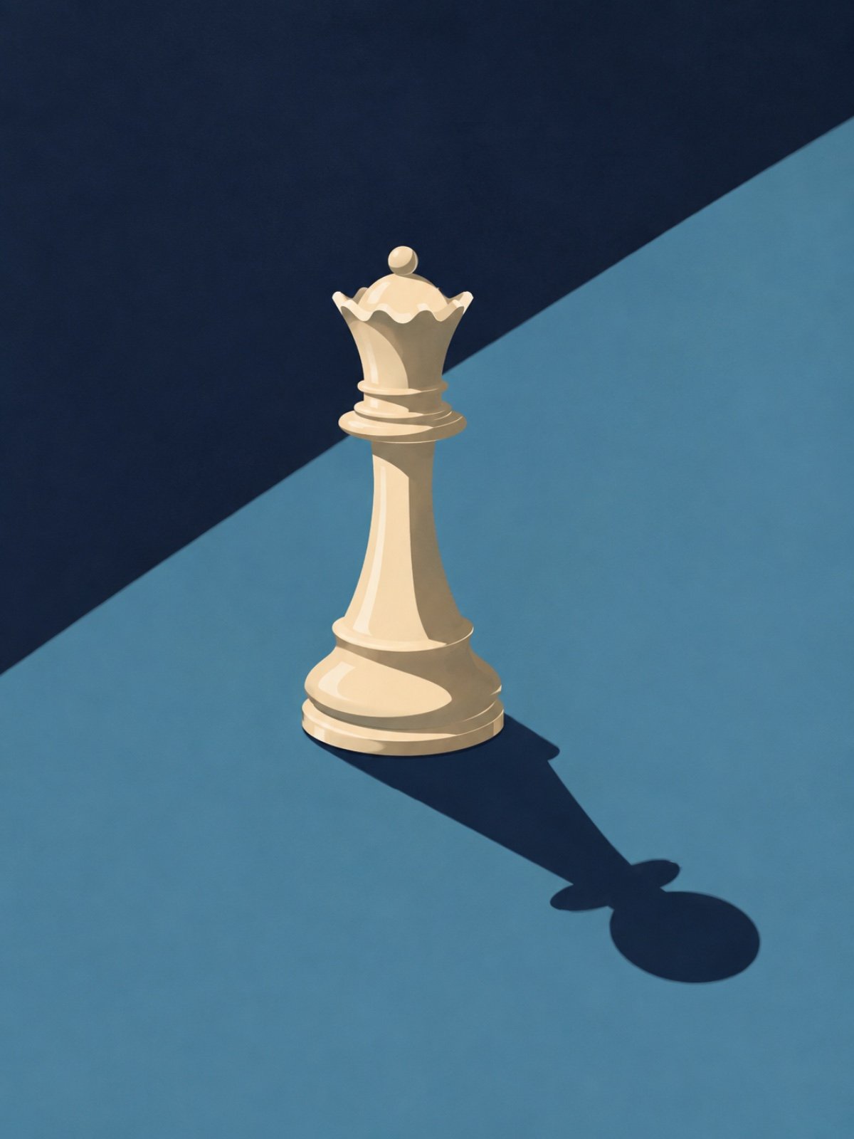 An illustration of a white chess queen standing in light, casting a long shadow shaped like a much smaller pawn.