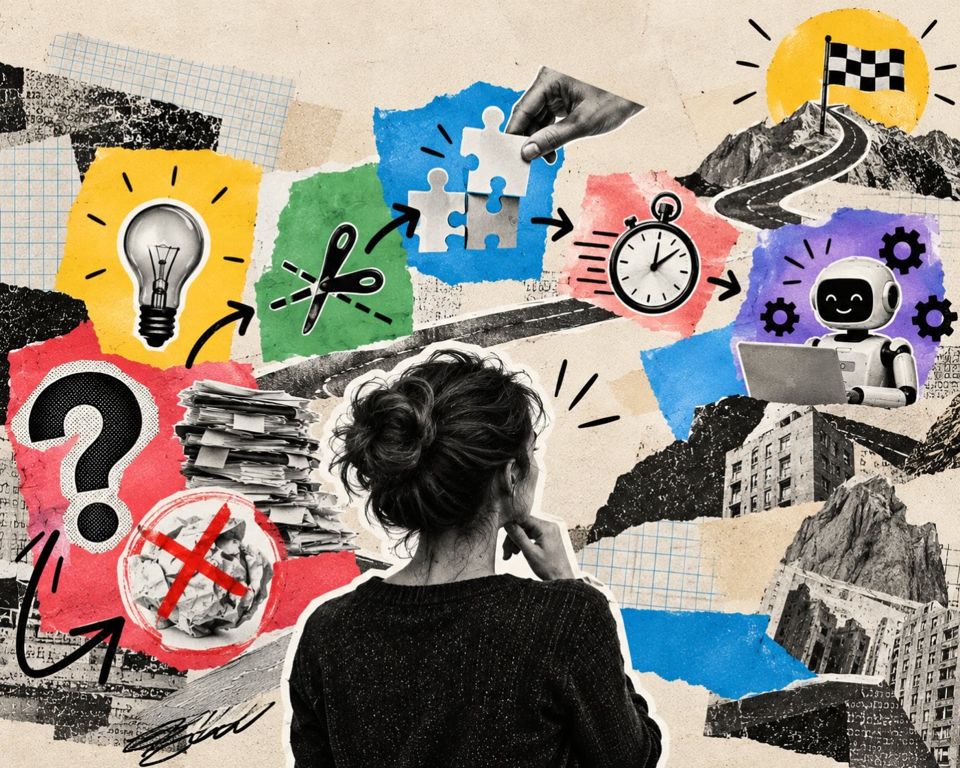 A paper collage: a woman seen from behind looks at a path of five steps, from a question mark and a crossed-out paper ball through scissors, a puzzle piece and a stopwatch to a robot at a laptop.