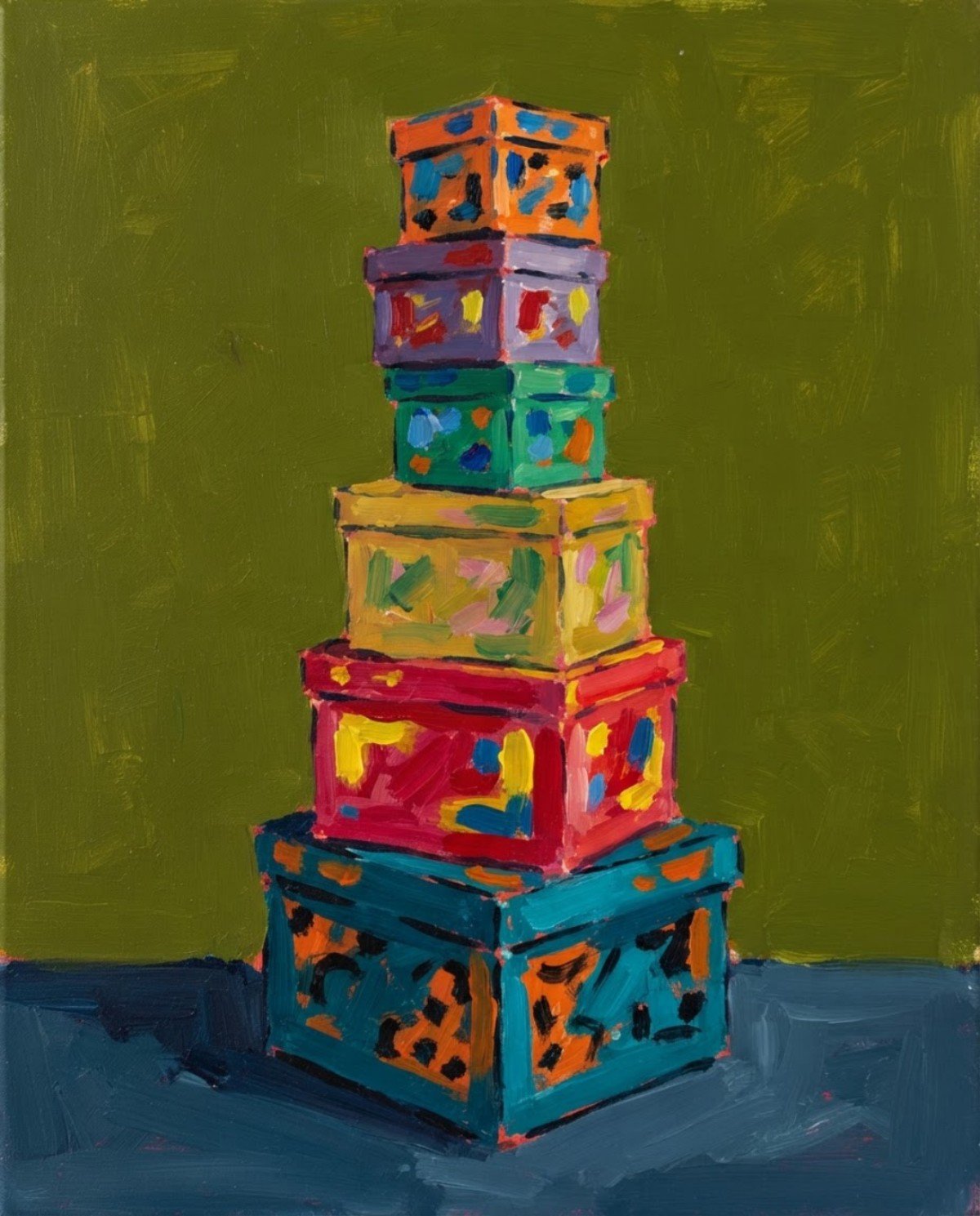 A painting of six brightly patterned boxes stacked into a tall, slightly unstable tower against an olive-green wall.