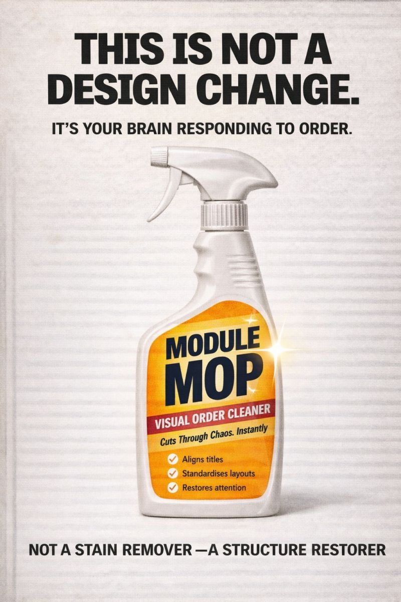 A mock cleaning-product label styled as a spray bottle called Module Mop, Visual Order Cleaner, listing: aligns titles, standardises layouts, restores attention.