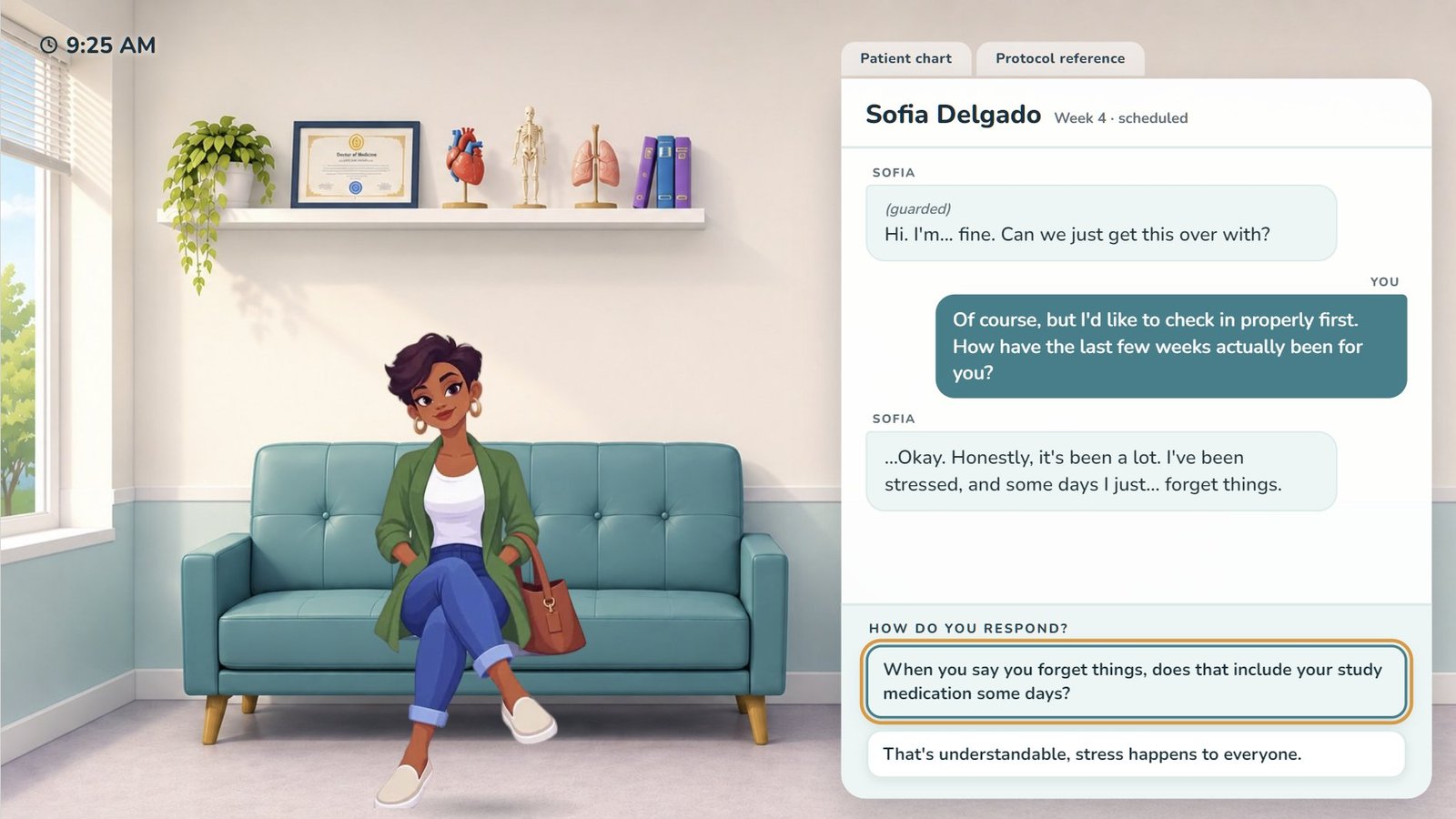 A visit with participant Sofia Delgado: dialogue and response options