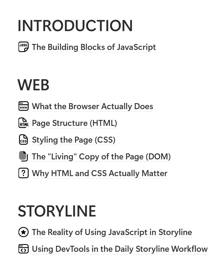 Section 1 outline: Introduction, Web, Storyline